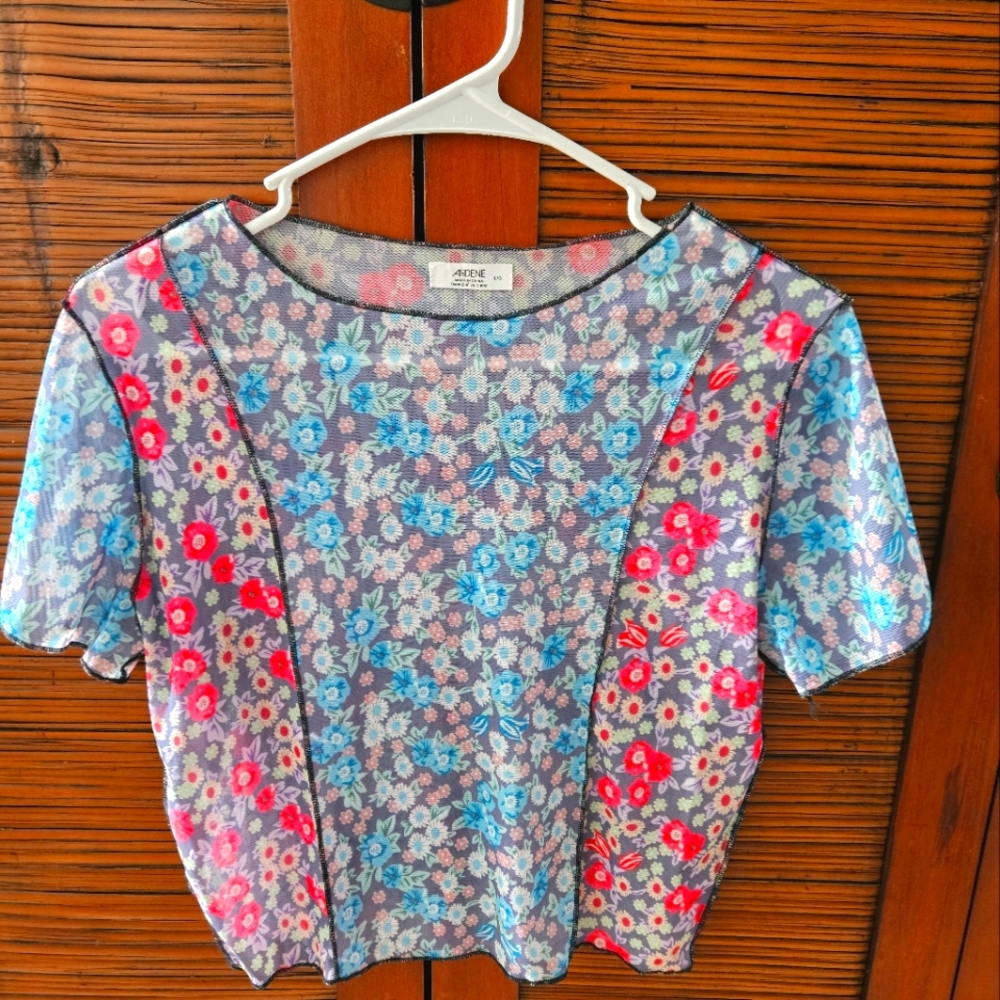 Ardene Floral Mesh Top - Blue and Pink, Large